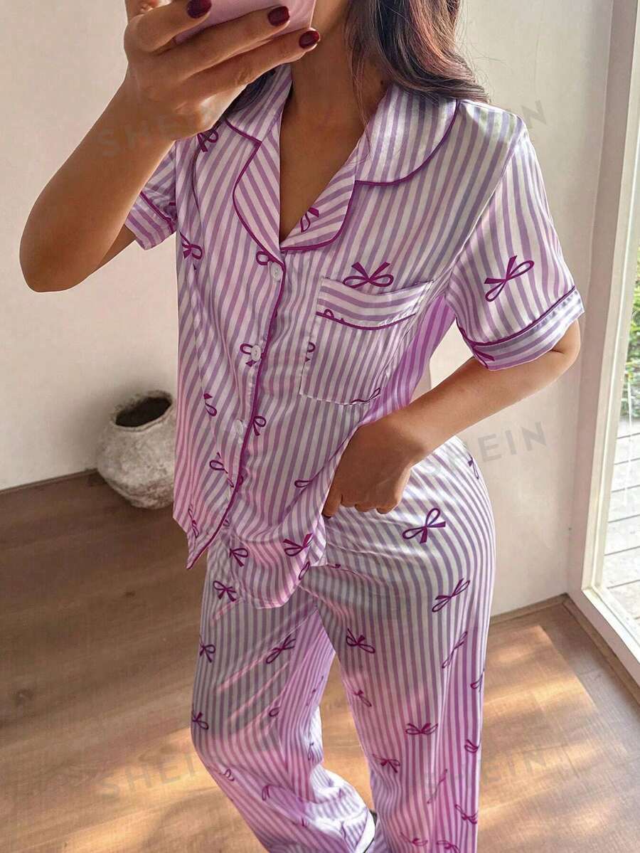 Napfluff 女士仿丝条纹蝴蝶结领短袖睡衣套装 - 紫色 - 查看 1