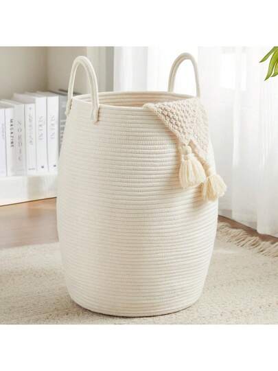 1 Giỏ đựng đồ giặt phong cách Boho, Giỏ đựng quần áo lớn đan lát, cao 22 inch, có tay cầm kéo dài, Giỏ đựng đồ thủ công, Thích hợp sử dụng trong phòng ngủ và phòng tắm, Có thể gấp gọn, Chất liệu vải, Thiết kế mở, Giỏ đựng đồ, Lý tưởng để đựng chăn, đồ chơi, gối, khăn tắm và đồ dùng cho em bé.