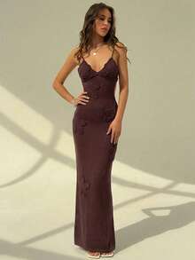 Aloruh Gaun Tanpa Lengan Motif Bunga Rajutan Tangan, Cocok untuk Liburan Pantai/Kencan, Gaun Elegan Musim Semi/Panas untuk Wanita - Kopi - View 5