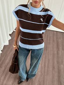 Siren Gaze Áo dệt kim mỏng nhẹ dành cho nữ, kiểu dáng giản dị, tối giản, phối màu tím và xanh sọc, họa tiết đồng xu cổ và ngựa trắng thêu, thích hợp cho đầu xuân. - Nhiều màu - Xem 3