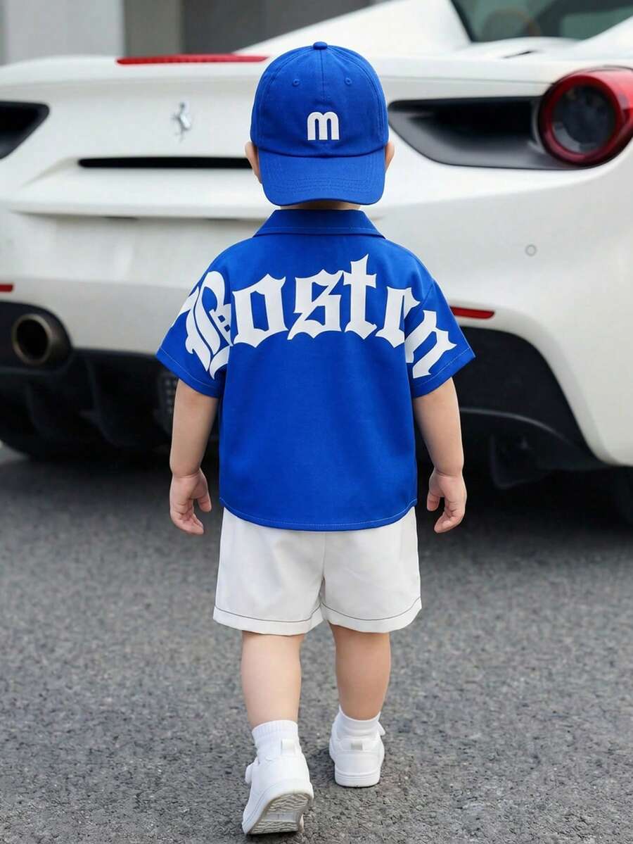 SHEIN Baby Boy Casual Fashionable Slogan Graphic Blue Short Sleeve Shirt Top, Spring/Summer Baby Boy Clothes Letterman Baby Boy Jersey Shirt Baby Baseball Shirt