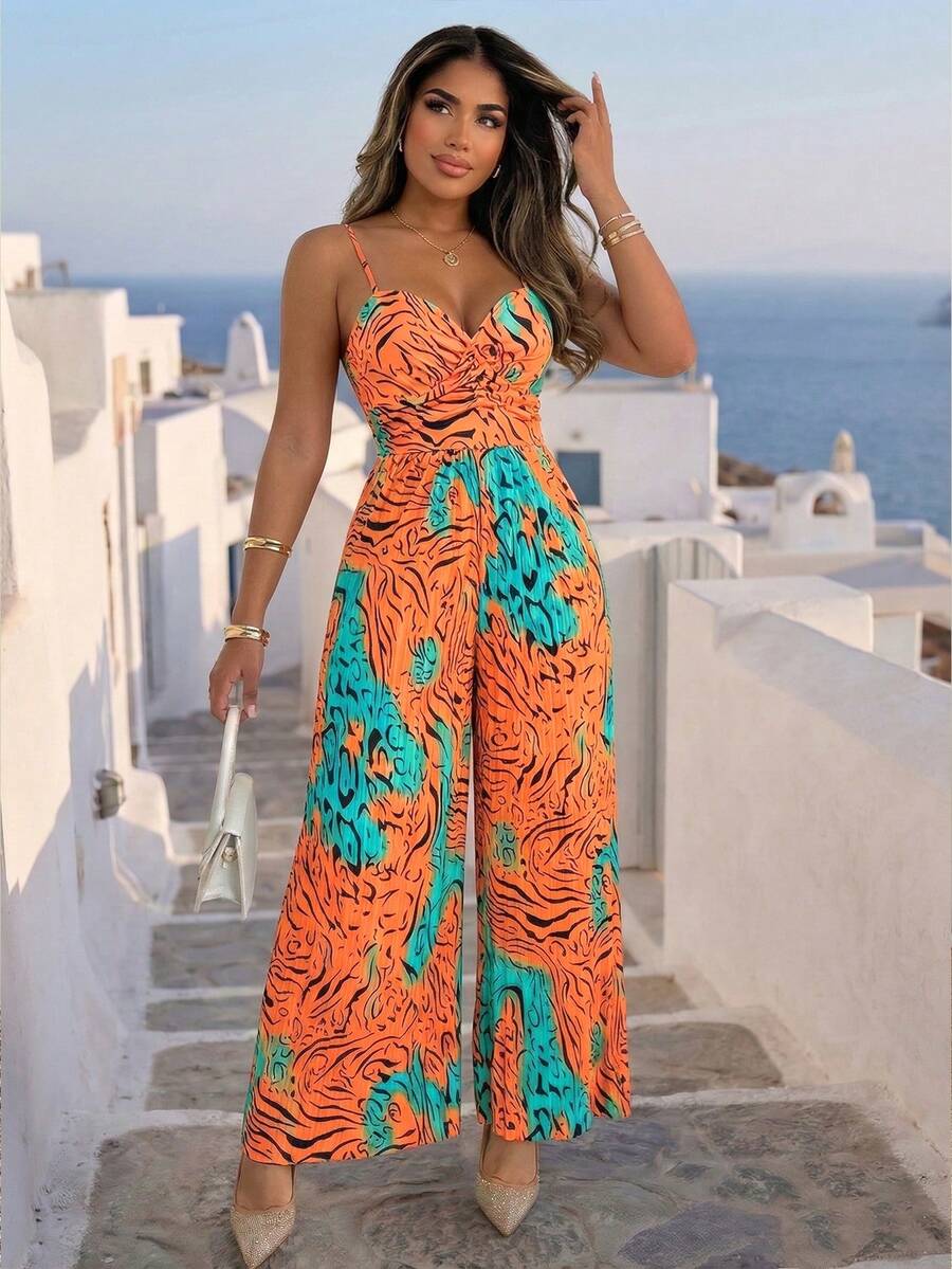 Xyvia 女士多色豹纹数码印花吊带腰部褶皱宽松阔腿连体裤，优雅精致，适合狂欢节、劳动节、复活节、旅行、街头风等场合，春夏新款时尚必备单品，独特设计，百搭吊带褶皱女士连体裤 - 彩色 - 查看 1