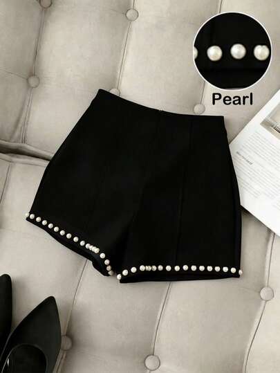 SHEIN Raffinéa Women's Stylish And Simple High-Waisted Slim-Fit A-Line Shorts With Pearl Embellishments At The Hem, Back Zipper, Black Shorts, Suitable For Commuting, Office, Dating, Everyday Wear, Valentine's Day, Summer, Summer Tops, Summer Outfits, Summer Clothing, Summer Outfits, Beach, Women's Beach Outfits, Beach Outfits, Women's Vacation Outfits, Vacation Holiday, Summer Holiday Outfits, Holiday Outfits, Y2K Style, Women's Commuting Outfits, Women's Office Outfits, Social Tops/Workwear, Women's Workwear, Women's Office Attire, Women's Office Wear, Black Shorts, Dating Shorts, Casual Shorts, Elegant ShortsGraduation Season Attire, Fashionable Casual Commuter Wear, Business Office Wear, Versatile And Stylish Everyday Casual Wear, Urban Teacher's Professional Attire