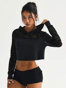 Slayform Áo nỉ có mũ dáng rộng cho nữ, thích hợp cho mùa xuân/hè, tay dài với họa tiết ghép vải ở tay áo, xẻ tà phía trước, toàn bộ lưng bằng lưới mềm mại, phù hợp cho mặc thường ngày, chạy bộ, yoga, tập gym, tennis, golf. - màu đen - Xem 4