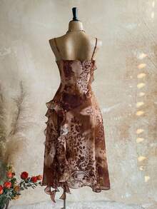Soleia Đầm satin chiffon họa tiết động vật phong cách retro bohemian WYWH Vacation, họa tiết sứa, nhuộm tie-dye, viền bèo nhún, hoa 3D. - Cà phê nâu - Xem 2