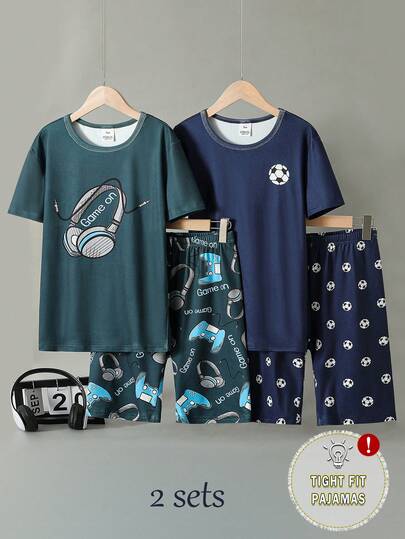 2 Sets Tween Boys Snug Fit Pajama Set, Video Game, Headphone, Football Graphic Print, Stretchy Fabric, Round Neck Short Sleeve & Shorts 4-Piece Outfit