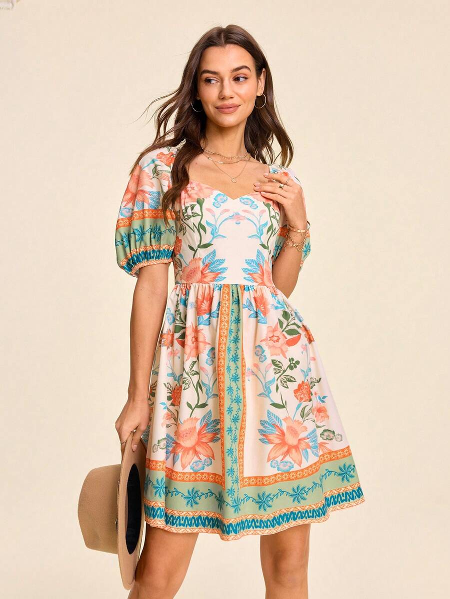 Coeurva Spring/Summer Vacation Woven Printed Square Neck Petal Sleeve Women's Mini Dress - Multicolor - View 1