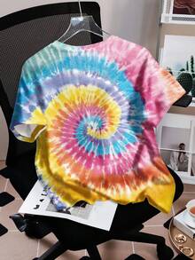 SpongeBob SquarePants | SHEIN 女士扎染卡通印花休闲圆领短袖T恤，夏季 - 白色 - 查看 2