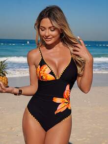 SHEIN Swim Vcay 1 pieza Traje de baño de una pieza con cuello alto fruncido, estampado floral y tirantes ajustables para mujer - Negro - Ver 10