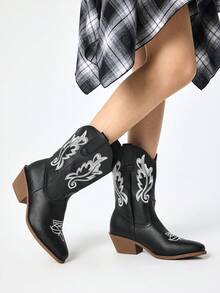 Fairycore Botas Femininas Rosa Estilo Western, Com Bico Fino, Decote Em V E Salto Grosso, Bordado. Tamancos De Salto Baixo, Botas De Montaria E Botas De Cano Curto Para A Primavera. - Linha grossa preta - Ver 2
