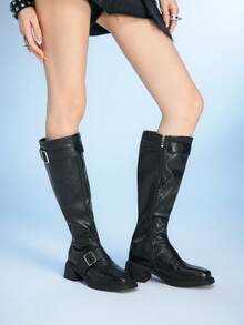 Sugerpunk 女士搭扣设计休闲厚底过膝长靴 - 黑色 - 查看 3