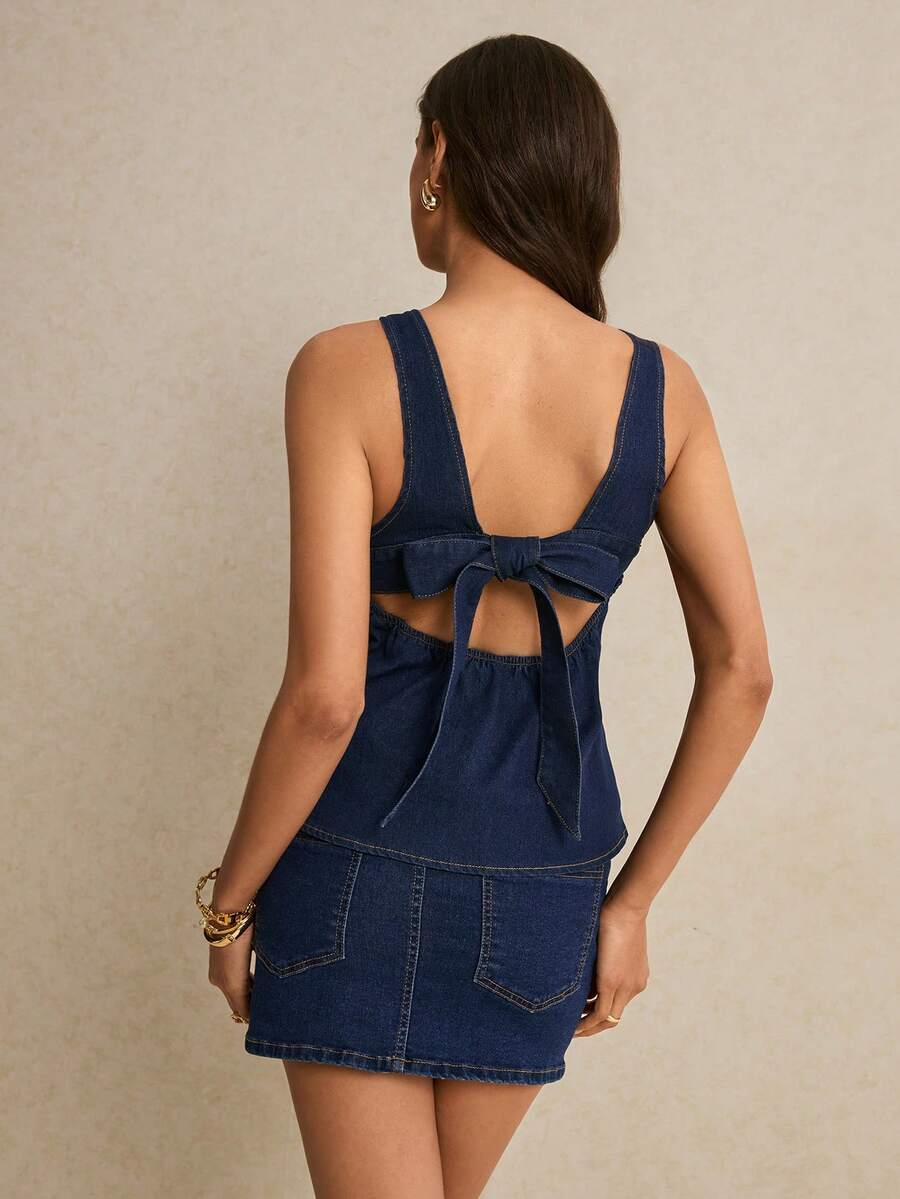 Poéselle New Women's Denim Top, Fitted Waist, Round Neck, Backless, Drawstring, Sleeveless, Casual Denim Top, Dark Blue Denim Top.Summer Tops  Festival Outfits For Women Casual Blouse For Women Vacation Outfits Women Y2K Tops Work Outfits For Women Backless Denim Dress Open Back Dresses For Women Denim Dress Jean For Women Zipper Top Summer Prep
