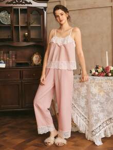 Côtesoire French Elegant Contrast Color Lace Ruffle Trim Comfortable Loose Camisole Pajama Set For Women - Pink - View 4