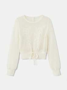 lacRébo 米白色镂空针织套头衫，饰以玫瑰提花图案和系带腰身，复古可爱风，法式巴黎风。 - 杏色 - 查看 7