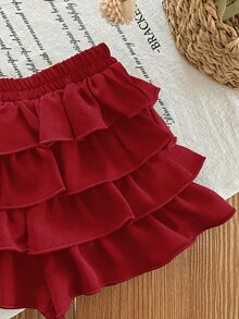 Babygirl Summer Cute Casual Versatile Black Ruffle Elastic Waist Mini Skirt - Red - View 3