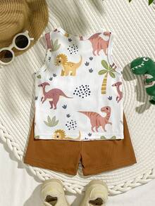 SHEIN Playful Pals 男宝宝夏季卡通恐龙印花无袖背心+纯绿色短裤套装，活泼可爱，适合户外探险、舒适居家穿着以及欢乐派对时光 - 棕色 - 查看 2