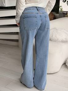 Katetique 正面纽扣多口袋休闲宽松牛仔裤，日常穿着 - 淺色水洗藍 - 查看 2