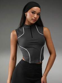 Normani Women's Black And White Summer Streetwear Workout Top,Contrast Zipper Racer Top,Y2k 90s Vintage Rave,Sports Yoga Top - Grey - View 8