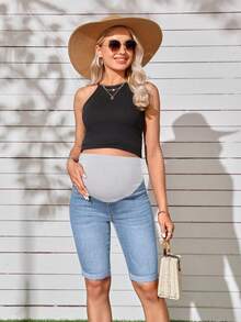 SHEIN Maternity Solid Color Casual Denim Shorts - Light Wash - View 4