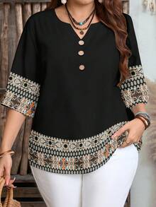 EMERY ROSE Plus Size Casual Minimalist Shirt, Suitable For Summer - Black - View 1