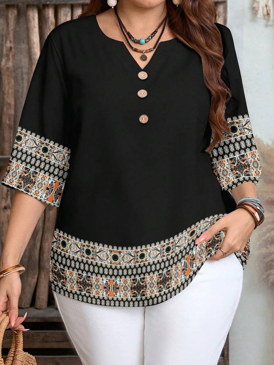 EMERY ROSE Plus Size Casual Minimalist Shirt, Suitable For Summer - Black - View 1