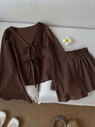 Resyla 女士休闲纯色系带衬衫短裤套装