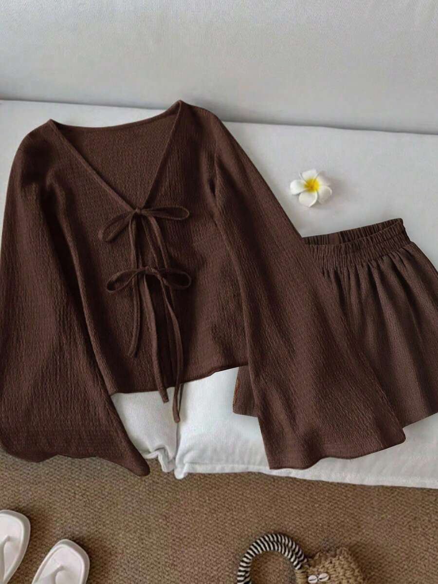 Resyla Women's Casual Solid Color Tie-Up Shirt & Shorts Set - Brown - View 1
