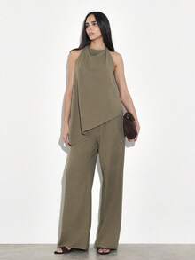 KSTM Olive Asymmetric Halter Top With Draped Silhouette And Open Back Design For Summer Occasions - Army Green - View 3