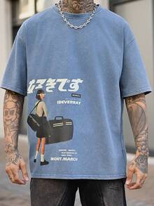 Devon Thys Hemo, Camiseta de manga corta con cuello redondo y estampado de chica de dibujos animados vintage lavada para hombre - Azul - Ver 3
