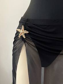 INAWLY 优雅修身V领挂脖连体泳衣，搭配高开衩长裙，性感沙滩泳池泳装 - 黑色 - 查看 6