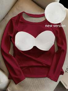 INAWLY Áo thun nữ cổ tròn tay dài hở lưng màu trơn thời trang - Màu Đỏ Sâu - Xem 1