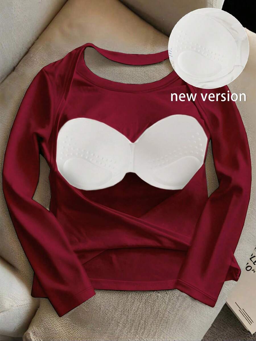 INAWLY Áo thun nữ cổ tròn tay dài hở lưng màu trơn thời trang - Màu Đỏ Sâu - Xem 1