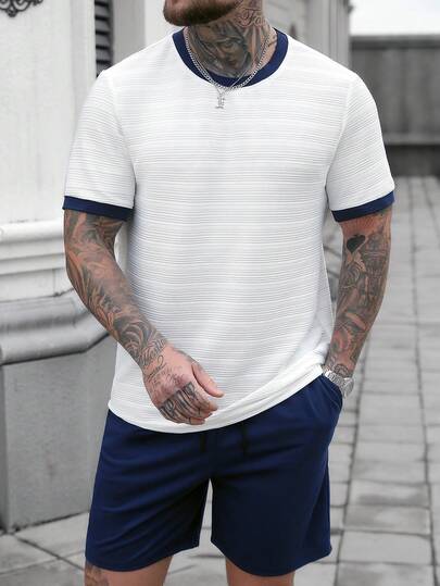 Manfinity Homme 男士舒适圆领短袖T恤套装（2件装）搭配抽绳松紧腰短裤，休闲百搭，适合度假、聚会、外出、运动、办公等场合，经典日系风格，春秋季节必备，自穿或送礼皆宜。