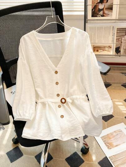 GlowEve CURVE 大码女式V领褶皱休闲百搭日常上衣