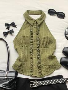 Comfortcana 女士格子荷叶边单排扣吊带衬衫，新年女装，波点绿色连衣裙 - 軍綠色 - 查看 4