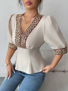 Elenzga 优雅都市时尚新款杏色V领刺绣亮片收腰中袖上衣，适合日常穿着、婚礼、晚宴、通勤、毕业派对、节日、假期、约会、聚会、万圣节、圣诞节、新年、感恩节、新娘装等场合。 - 杏色 - 查看 5