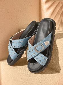 HighSole Sandal đế bằng dày dặn, thoải mái màu đen dành cho nữ, thích hợp mang hàng ngày. - Màu xanh lam - Xem 1