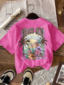 DrmWander 大码女式标语印花圆领短袖休闲百搭T恤 - 玫紅色 - 查看 3