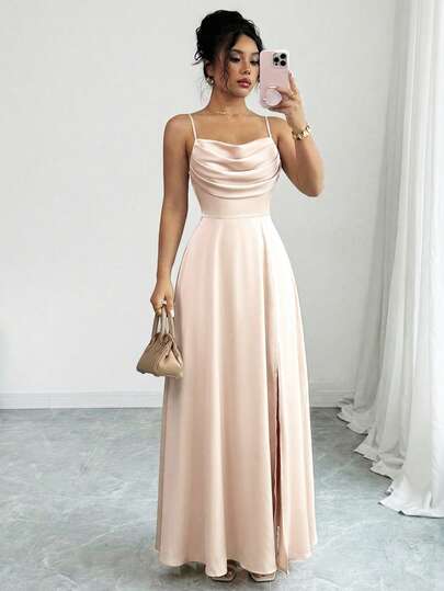 Elenzga Vestido elegante e romântico para festa/convidada de casamento/dama de honra, alças finas, decote coração, cintura marcada, saia fluida, fenda alta