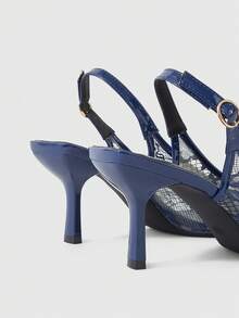 Sleekvia Women's New Pointed-Toe High-Heeled Shoes With Lace Material And Back Strap, Simple And Elegant Style Suitable For Commuting, Parties, Shopping, Wedding Season, And More - Blue - View 3