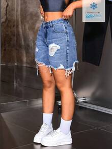 SHEIN ICON 女士做旧休闲牛仔短裤 - 淺色水洗藍 - 查看 4