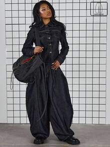 COUREZ 低腰宽松灯笼裤，撞色缝线 - 深色水洗藍 - 查看 1