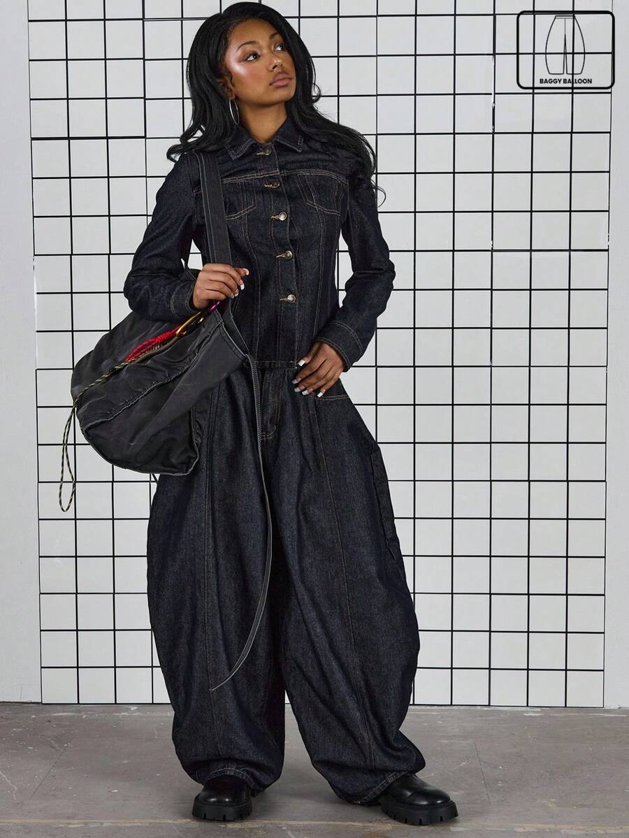 COUREZ 低腰宽松灯笼裤，撞色缝线 - 深色水洗藍 - 查看 1