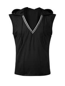 SHEIN 男士V领抽绳连帽背心 - 黑色 - 查看 4