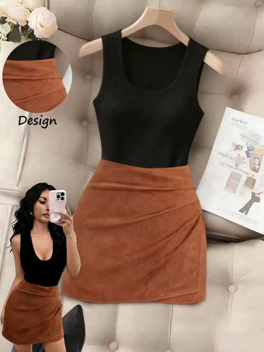 Franclia 法式极简时尚针织纯色无袖U领修身吊带背心和短款百褶裙两件套女装 - 彩色 - 查看 1