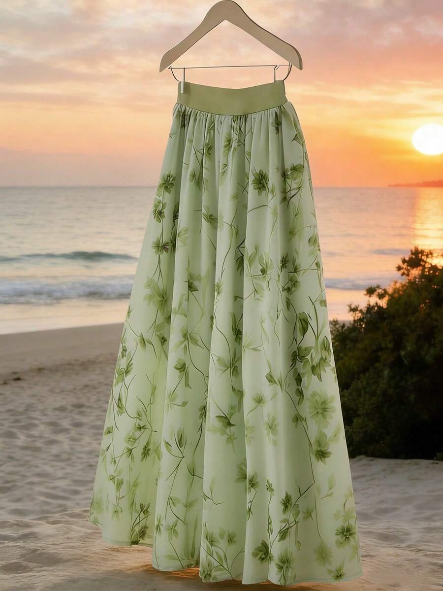GlowEve Women's Fashion Long Skirt - Random Floral Pattern - Green - View 1