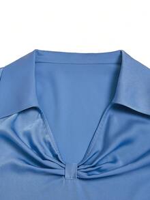 GlowEve 女士梭织缎面短袖V领衬衫，优雅办公服饰，新款春夏时尚衬衫 - 藍色 - 查看 4