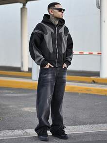 Devon Thys 男士针织休闲日常宽松长袖连帽卫衣，适合上学、秋季、冬季穿着，情侣款 - 黑色 - 查看 1