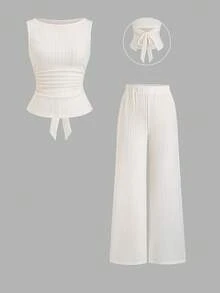 Sweetra 2件套春夏新款船领荷叶边喇叭袖上衣T恤和喇叭裤，适合通勤、外出，百搭实用 - 杏色 - 查看 1