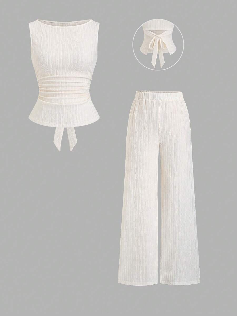 Sweetra 2件套春夏新款船领荷叶边喇叭袖上衣T恤和喇叭裤，适合通勤、外出，百搭实用 - 杏色 - 查看 1